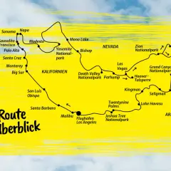 Karte zeigt eine Route durch Kalifornien, Nevada und Arizona, die viele berühmte nationalparks usa wie Yosemite und Grand Canyon umfasst.