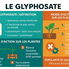 Infographie expliquant le glyphosate, son mode d'action sur les plantes et sa popularité en France.
