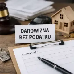 Klucze do domu, młotek sędziowski i tabliczka "Darowizna bez podatku" sugerują, że to ważny moment.