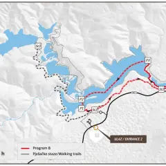 Mapa z trasami spacerowymi po Jeziorach Plitwickich. Program B oznaczony kolorem czerwonym, długość 4 km, czas 3-4h.