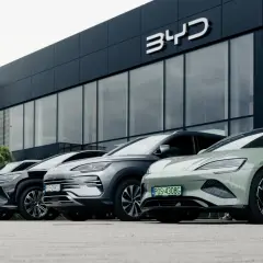 Rząd nowoczesnych samochodów BYD zaparkowany przed salonem. Wśród nich zielony model z napisem "Jazda testowa".