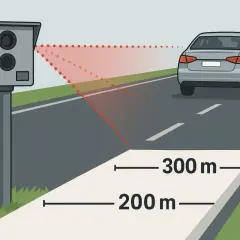 Fotoradar mierzy prędkość z odległości 200-300 metrów. Czerwone punkty pokazują zasięg działania urządzenia.