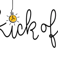 Texten "kick off" i handskriven stil med en glödlampa som symbol för idéer. Perfekt för en teambuilding lek!