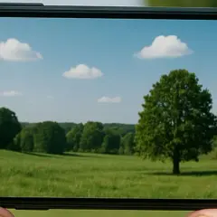 Piękne, zielone pole z samotnym drzewem i chmurami na niebie, uchwycone przez aparat w telefonie.