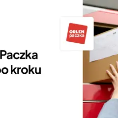 Ręce wkładają paczkę do czerwonego automatu paczkowego. Logo Orlen Paczka.