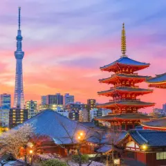 Zachód słońca nad tokio centrum. Tradycyjna pagoda i nowoczesna wieża Tokyo Skytree na tle różowego nieba.