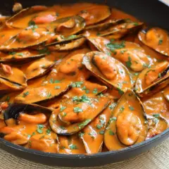 Mejillones con tomate en salsa cremosa, espolvoreados con perejil fresco, servidos en una sartén negra.