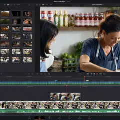 Dwie kobiety w kuchni, edytowane w programie do montowania filmów za darmo. Widok interfejsu DaVinci Resolve Studio.