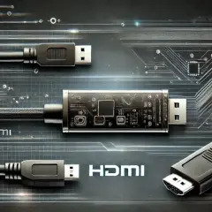 Kabel mit HDMI-Anschlüssen und ein Adapter, der an eine Leiterplatte erinnert, im Vergleich zu DisplayPort.