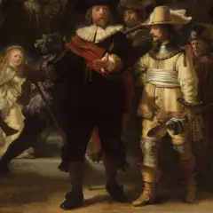 Rembrandt, najpopularniejsze obrazy: "Straż nocna" ukazuje grupę uzbrojonych mężczyzn i dziewczynkę w jasnej sukni, w dynamicznej scenie.