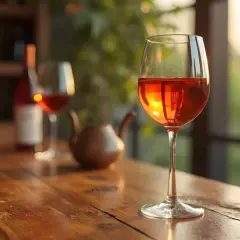 Ein Glas mit leuchtend orangefarbenem Wein steht auf einem Holztisch. Im Hintergrund sind weitere Gläser und eine Flasche zu sehen.