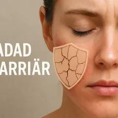 Ansiktet visar en skadad hudbarriär, symboliserad av ett sprött sköldmönster. Texten "SKADAD HUDBARRIÄR" antyder behovet av att bygga upp tunn hud.