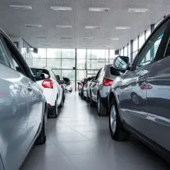 Auto km 0: cosa controllare. Diverse auto nuove in fila in un concessionario, pronte per essere visionate.