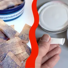 Fakta om snus: En hand håller en prilla. I bakgrunden syns snusdosor och löst snus.