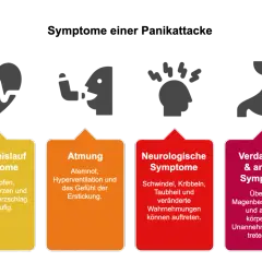 Grafik mit vier Symbolen: Herz, Person mit Atemmaske, Kopf mit Blitz, Magen. Darunter vier farbige Felder mit Symptomen.