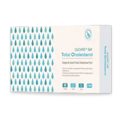 Opakowanie testu na **cholesterol** QUCARE® Self. Test pozwala szybko i łatwo sprawdzić poziom cholesterolu, co jest ważne dla zdrowia.