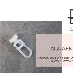 Białe agrafki do karniszy sufitowych, gotowe do montażu. Logo "by Bagdad" i napis "AGRAFKI".