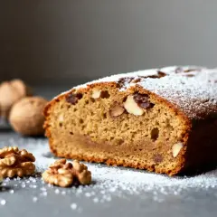 Tranche d'un gâteau aux noix moelleux, saupoudré de sucre glace, avec des noix entières et décortiquées autour. Une invitation à la recette !
