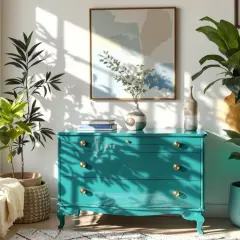 Commode turquoise au laquage peinture impeccable, ornée de poignées dorées. Des plantes vertes apportent de la fraîcheur à ce coin salon lumineux.