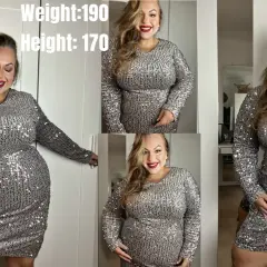 Kobieta w olśniewającej sukience cekinowej plus size, z uśmiechem na twarzy, gotowa na imprezę.
