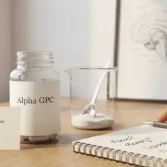 Flaccone di Alpha GPC, fonte di colina per il supporto cognitivo. Sul taccuino si legge "Focus? Memory? No guarantees.