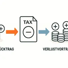 Verlustrücktrag zeigt, wie Steuern durch einen Verlustvortrag reduziert werden können. Münzstapel mit Pluszeichen werden durch ein Steuerdokument mit Minuszeichen geleitet, was zu mehr Münzen führt.