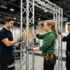 Drei Personen bauen eine Traversenkonstruktion auf, um bei Konzerten zu arbeiten.