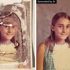 A damaged photo of a girl is shown next to an AI-generated restoration. The AI created a clear image from the bad AI images.