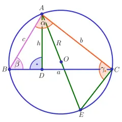 Geometryczny rysunek przedstawia trójkąt wpisany w okrąg, z zaznaczonymi kątami i bokami.