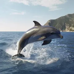 Un delfín salta del agua azul, salpicando espuma. Al fondo, una costa montañosa con casas. Es como soñar con delfines.