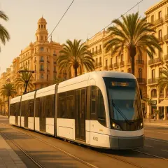 Nowoczesny tramwaj jedzie ulicą w Walencji, otoczoną palmami i zabytkowymi kamienicami.
