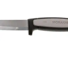 Cuchillo Morakniv robusto con hoja de acero y mango ergonómico gris y negro.