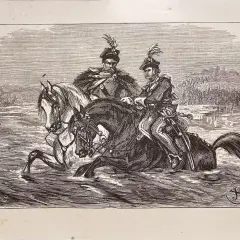 Dwaj jeźdźcy w strojach historycznych na koniach przeprawiają się przez wodę.
