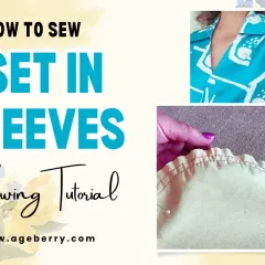 Learn how to set in sleeves with this sewing tutorial. Close-up shows a sleeve being pinned and stitched.