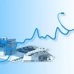 Stapel von 500-Euro-Scheinen und ein Stethoskop-Diagramm, das die Kosten für Restkostenversicherung und Beihilfe symbolisiert.