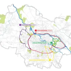 Mapa Wrocławia z zaznaczonymi trasami rowerowymi: śródmiejską (czerwona), po Wielkiej Wyspie (zielona), wzdłuż Ślęzy (fioletowa) i w kierunku Brochowa (żółta).