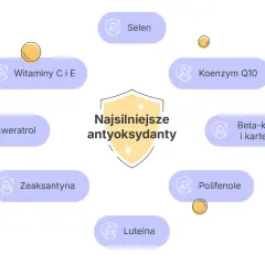 Wykres przedstawia najsilniejsze antyoksydanty w kosmetykach: witaminy C i E, selen, koenzym Q10, beta-karoten, resweratrol, luteinę, polifenole i zeaksantynę.