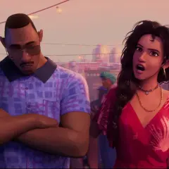 Le père de Miles Morales, Jefferson Davis, est présent à une fête animée sur un toit, les bras croisés, l'air pensif.
