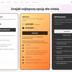 Porównanie pakietów WPS: Standard (bezpłatny), Pro (dodatkowe funkcje) i Business (korporacyjny).