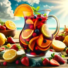Orzeźwiająca sangria wino w dzbanku, pełna owoców: pomarańczy, cytryn, truskawek i borówek. Idealna na letni dzień.