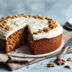 Saftig morotskaka med krämig frosting och valnötter, perfekt för ett gott morotskaka recept.
