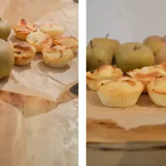 Pudełko na muffinki z jabłkami w tle. Słodkie wypieki wyglądają apetycznie.