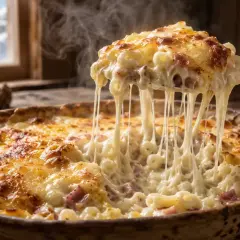 Un gratin de crozet fumant, débordant de fromage filant, réconfortant après une journée au ski.