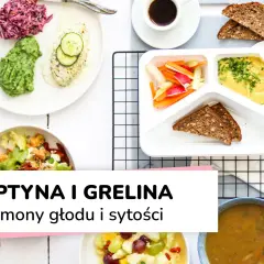 Zdrowe posiłki, kawa i chleb. Tekst o hormonach głodu i sytości, w tym leptyna, sugeruje dietę.