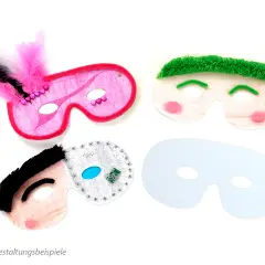 Kreative Ideen zum **masken bemalen**: bunte Masken mit Federn, grünen Haaren und sogar einer kleinen Platine.