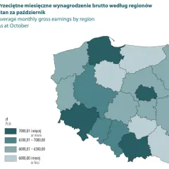 Mapa Polski z podziałem na regiony, pokazująca, ile wynosi średnia krajowa wynagrodzeń brutto w październiku.