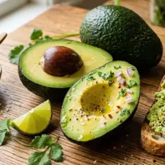 Reife Avocados auf einem Holzbrett, bereit zum Genuss. Eine Hälfte ist mit Zwiebeln und Gewürzen bestreut, daneben ein Toast mit Avocado.