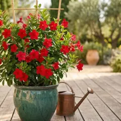 Un dipladenia rouge éclatant, prêt pour une belle exposition ensoleillée, dans un pot vert émeraude sur une terrasse en bois.