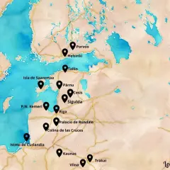 Mapa de los países bálticos: Estonia, Letonia y Lituania, con sus capitales y puntos de interés.