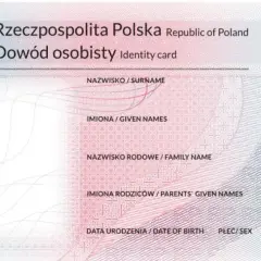 Wzór dowodu osobistego Rzeczypospolitej Polskiej. Dokument zawiera dane osobowe, takie jak nazwisko, imiona, nazwisko rodowe, imiona rodziców, datę urodzenia i płeć.